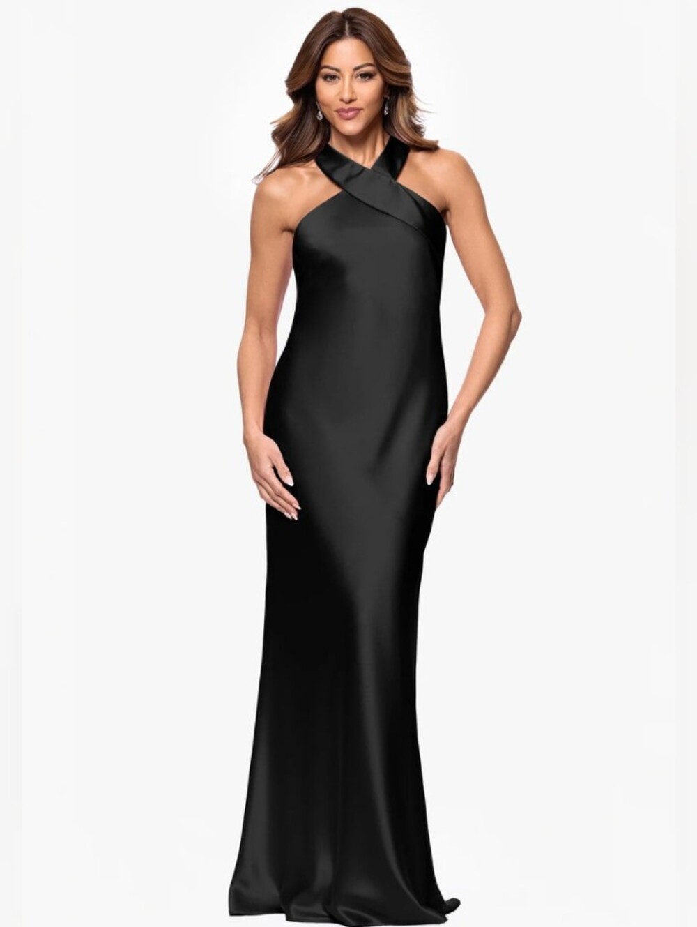 Xscape Franchesca Halter Neck Gown in Black Satin Sz 16W NWT
